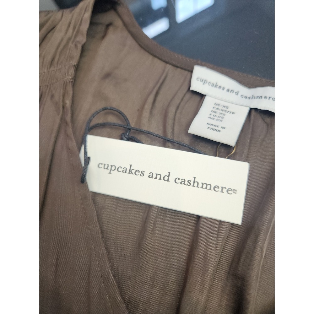 Cupcakes and Cashmere Brown Satin V-Neck Smocked Waist Blouse Top XS NWT - Picture 9 of 9